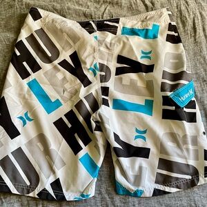 Hurley White and Blue Graphic Swim Shorts (waist size 34-36)